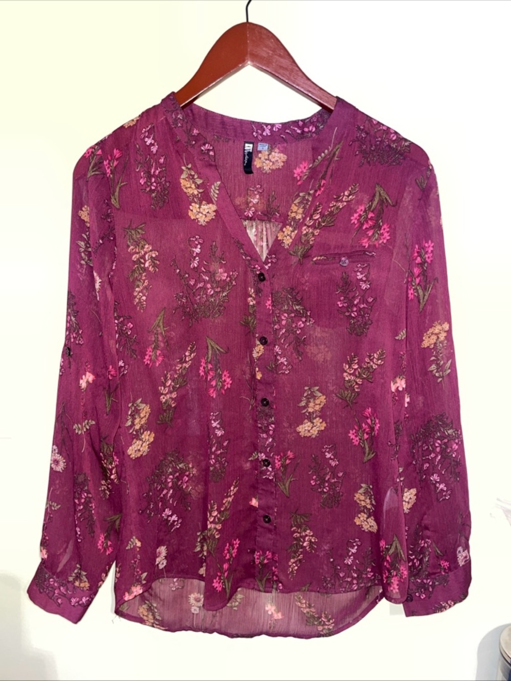 Kut from the Kloth Size Small Plum Floral Sheer Button-Front Blouse